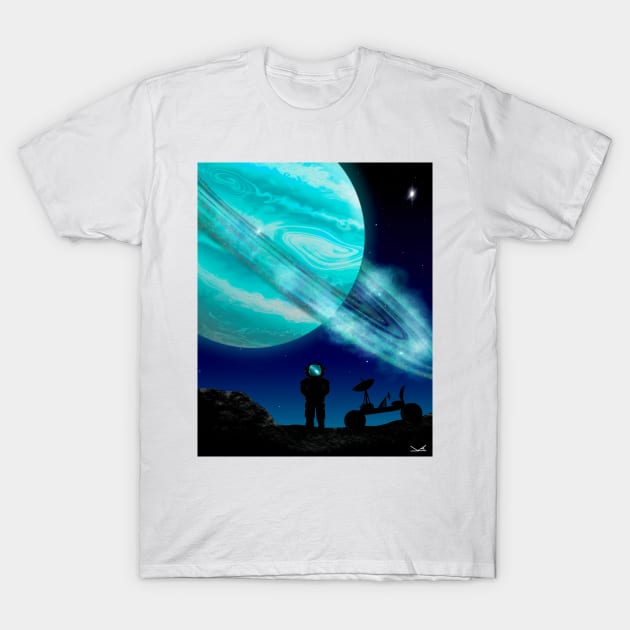 Blue ringed planet and astronaut T-Shirt by FernheartDesign
